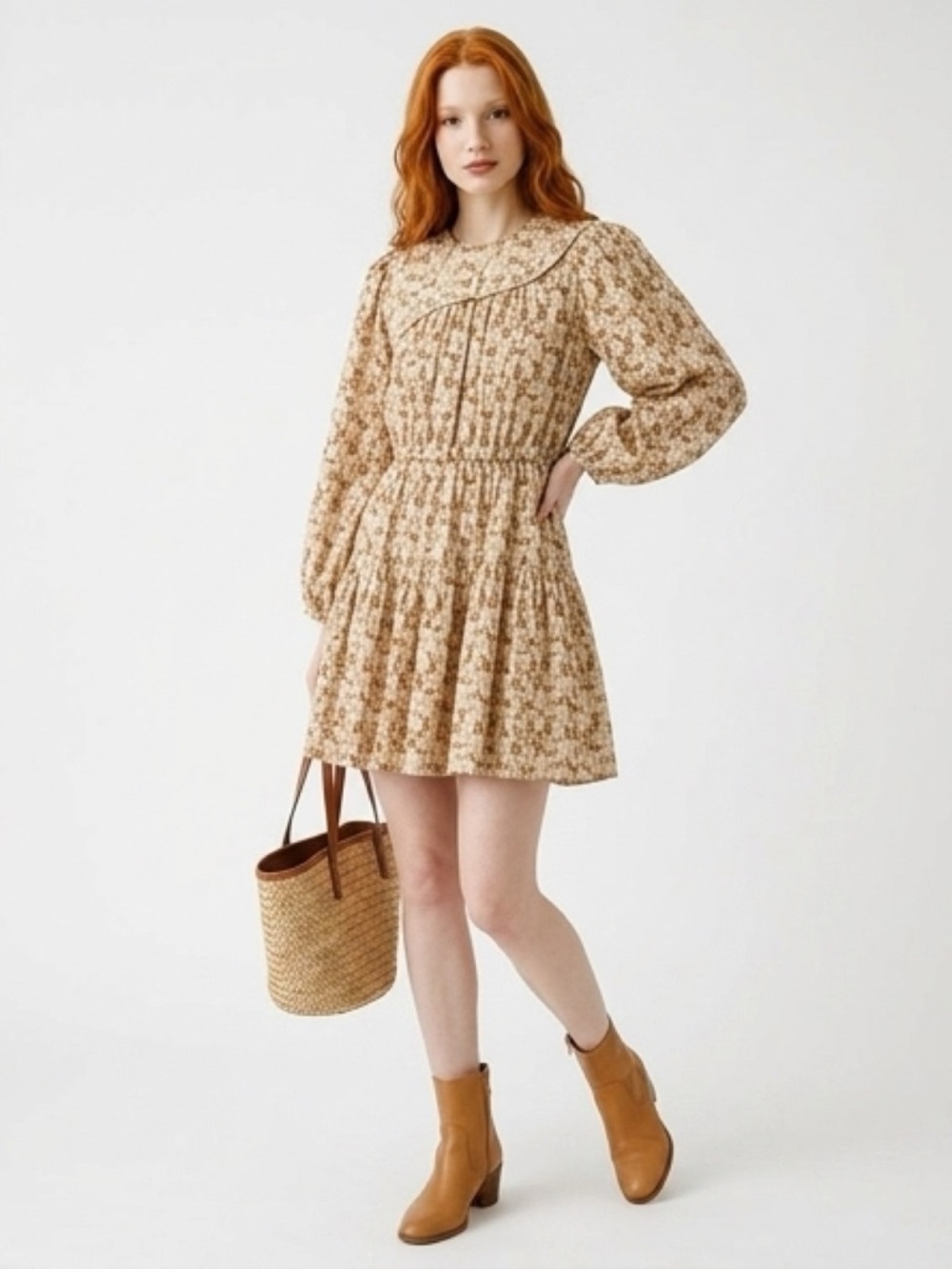 RHODE Tan Floral Puff-Sleeve Tiered Mini Dress